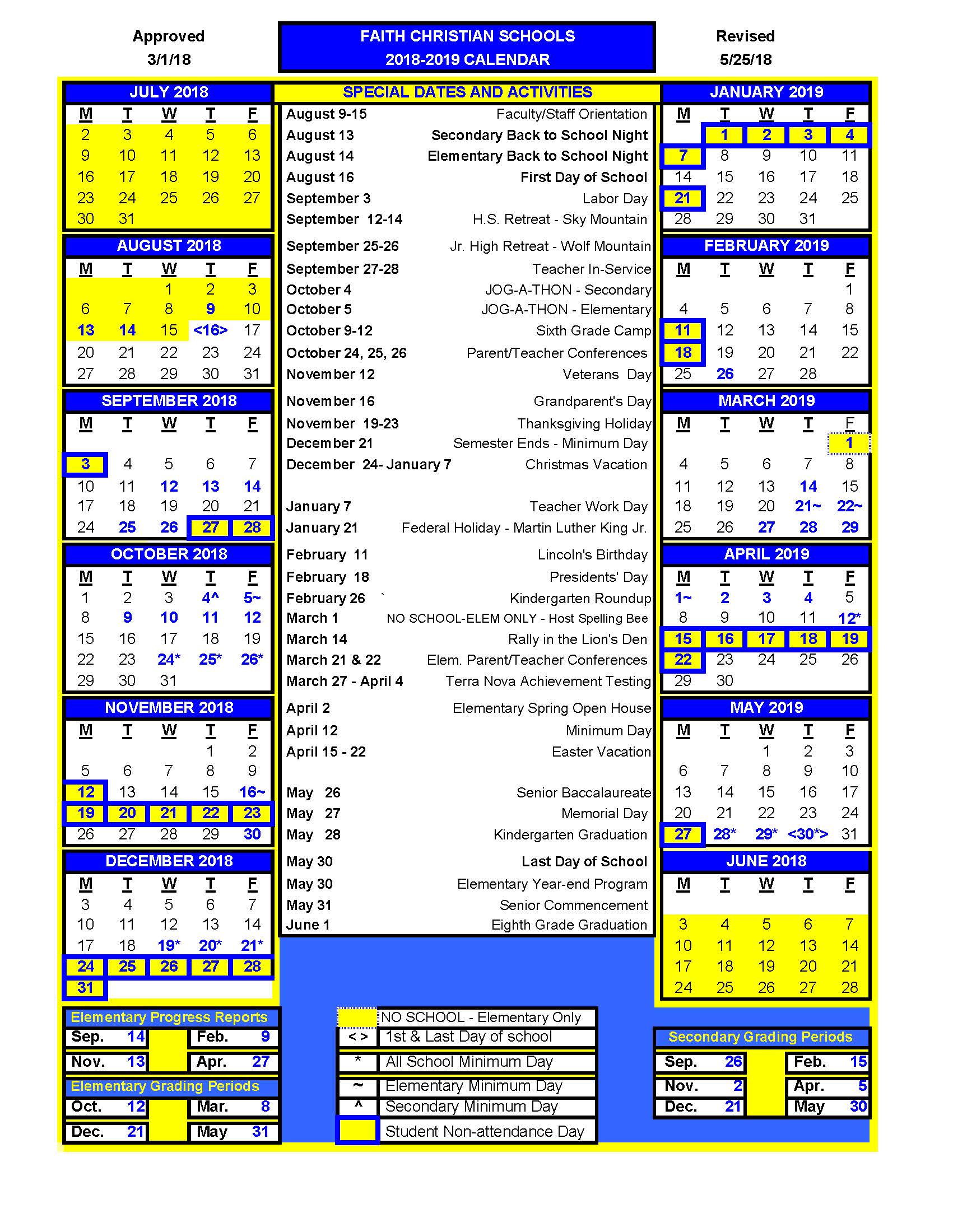 Calendar Faith Christian School, Inc.